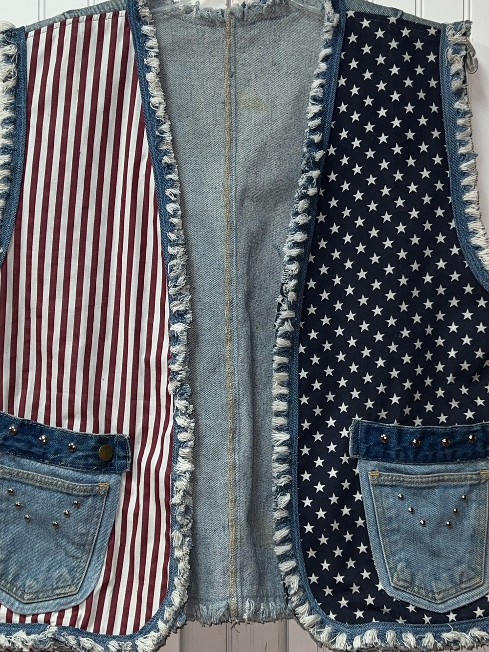 90s Patchwork Colorblock Denim Vest L Vintage Boho American Patriotic